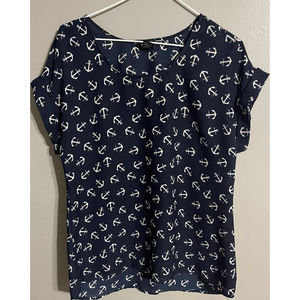 Coastal Grandma Women's Size Medium Navy Blue w/ White Anchors Blouse